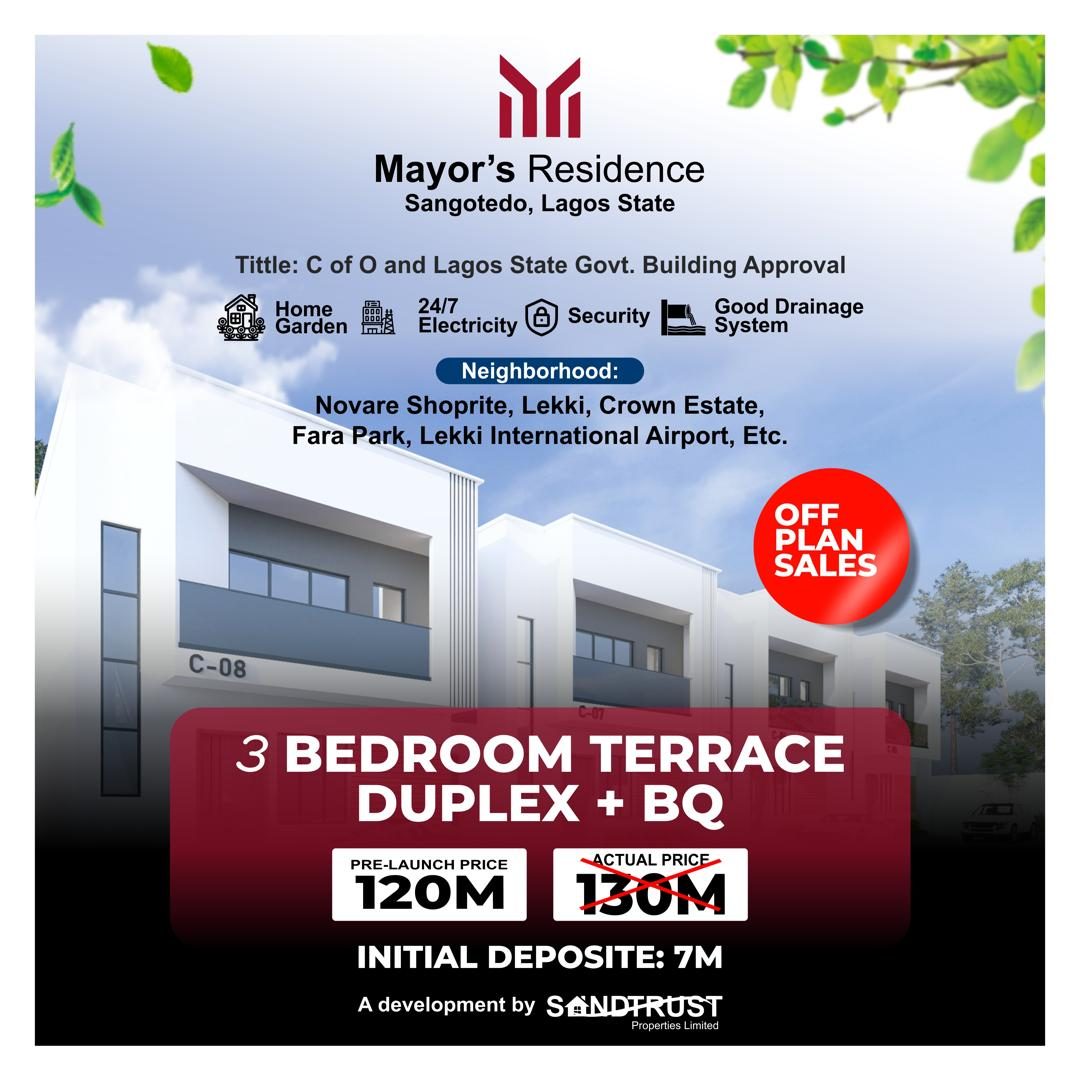 Own a Stylish 3-Bedroom Terrace Duplex at Mayor’s Residence, Sangotedo – Pre-Launch Offer